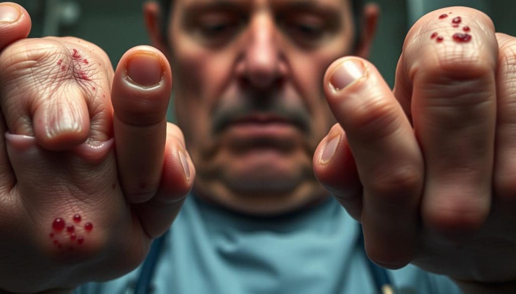 A detailed close-up view of common physical symptoms associated with worsening chronic lymphocytic leukemia (CLL). The foreground depicts a person's hands with paleness, bruising, and petechiae (small red spots) indicating reduced platelet count. The middle ground shows a person's face with swollen lymph nodes, facial flushing, and tiredness. The background is a muted, hazy medical setting with a sense of unease and concern. The lighting is natural and slightly soft, with a focus on the subtle yet concerning physical signs. The overall mood conveys the distress and worry of worsening CLL.