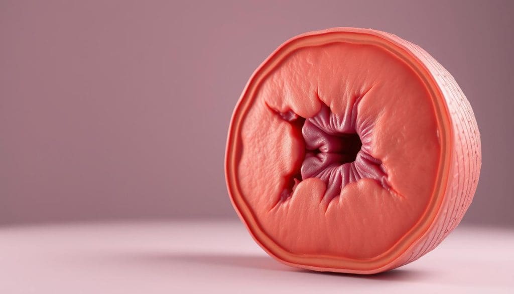 A detailed cross-section of an enlarged lymph node, revealing the telltale changes associated with chronic lymphocytic leukemia (CLL). The lymph node is depicted in the foreground, with a crisp, high-resolution rendering showcasing the increased size and altered internal structure. The background is a subtle, muted palette, allowing the focal point to command attention. Soft, diffused lighting casts gentle shadows, highlighting the textural nuances of the lymphoid tissue. The composition strikes a balance between clinical precision and a sense of visual intrigue, conveying the medical significance of these CLL-related lymph node alterations.