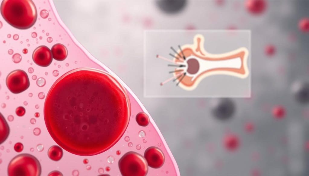 A detailed medical illustration depicting the hematological changes associated with leukemia progression. In the foreground, a close-up view of a blood smear, showcasing abnormal blood cells, such as immature leukemic blasts, alongside healthy red and white blood cells. In the middle ground, a schematic representation of the bone marrow, highlighting the disruption of normal hematopoiesis due to the proliferation of malignant cells. In the background, a muted color palette of grays and blues, conveying a sense of clinical precision and the gravity of the condition. Rendered with a photorealistic style, using subtle lighting and depth of field to emphasize the scientific and medical nature of the subject matter.