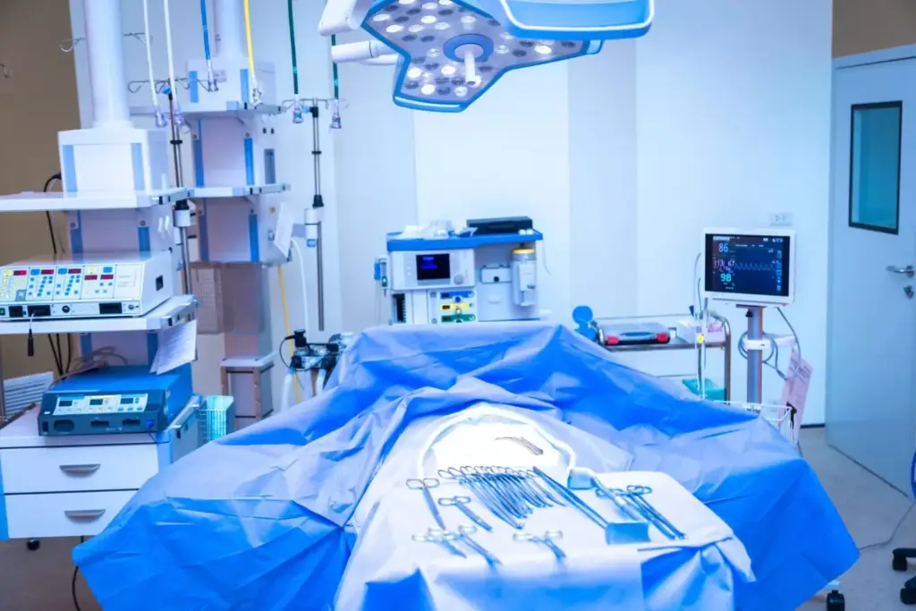 A bright, well-lit modern operating room filled with state-of-the-art medical equipment. In the foreground, a sleek surgical table with an array of precision tools and instruments. Overhead, a bank of high-tech lighting fixtures casting an even, shadowless glow. In the middle ground, advanced diagnostic monitors displaying real-time vitals and imaging data. In the background, banks of sterile cabinets and shelving holding a variety of specialized medical supplies. The atmosphere is one of clinical efficiency and technological sophistication, creating an environment optimized for the most advanced surgical procedures.