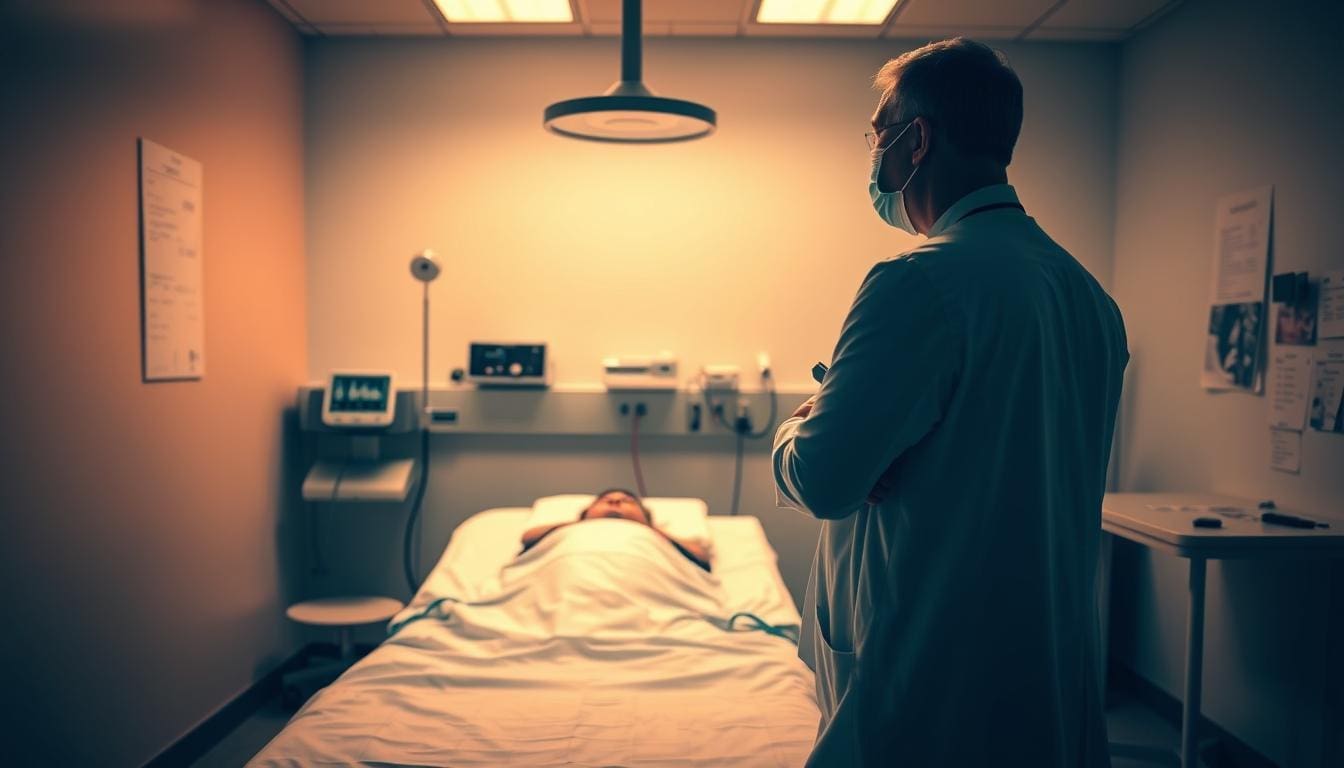 A brightly lit medical examination room, with a doctor standing at the foot of an examination table, facing a patient. The patient's expression is one of concern and uncertainty, their face partially obscured by a medical mask. The doctor's body language conveys a sense of gravity, as they deliver the news of a leukemia relapse diagnosis. The background is clean and clinical, with medical equipment and charts visible, creating a somber and serious atmosphere. Warm lighting casts a soft glow, emphasizing the weight of the moment and the gravity of the situation.