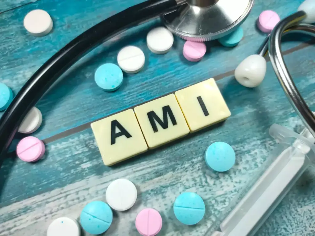 A clean, crisp medical illustration showcasing the letters "AMI" in a legible, professional font against a stark white background. The letters should be prominently displayed, with a precise, geometric layout and subtle 3D depth to make them stand out. The overall style should be minimalist and clinical, with careful attention to balance and negative space. Soft, directional lighting from the top left casts gentle shadows, enhancing the dimensional quality of the letters. The image should convey a sense of medical authority and clarity, suitable for use in an educational article on this important medical abbreviation.
