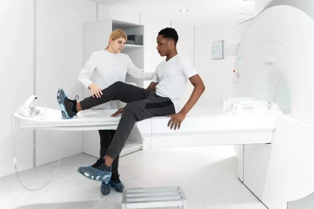 A clean, well-lit medical laboratory setting. On a stainless steel examination table, a detailed 3D model of a human knee joint, its components rendered in high fidelity. Surrounding the joint, a collage of medical diagrams, graphs, and statistics illustrating the longevity and performance of knee replacement implants over time. Soft, diffused lighting casts gentle shadows, creating depth and highlighting the technical details. The atmosphere is one of scientific inquiry and precision, inviting the viewer to explore the intricate mechanics and longevity of knee replacement technology.