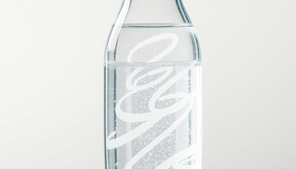 A clear glass bottle filled with sparkling, electrolyte-enhanced water. The liquid has a slightly effervescent quality, capturing the essence of hydration and replenishment. Soft, natural lighting illuminates the bottle, creating a clean, refreshing atmosphere. The background is a simple, minimalist setting, allowing the water to be the focal point. The overall composition conveys the idea of nourishing one's body, particularly in the context of maintaining heart health through proper hydration.