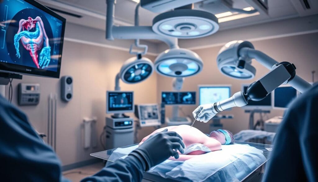 A clinical operating room with state-of-the-art computer-assisted surgical technologies. In the foreground, a holographic display projects a 3D model of the patient's anatomy, guiding the surgeon's precise incisions. Robotic surgical arms manipulate delicate instruments with unparalleled dexterity and control. The middle ground reveals advanced imaging systems, seamlessly integrated with the surgical workflow, providing real-time data and insights. In the background, a network of interconnected devices monitors the patient's vital signs and coordinates the entire procedure. Soft, directional lighting creates an atmosphere of focused precision, as the surgical team works in harmony with the cutting-edge technology to deliver the best possible patient outcomes.