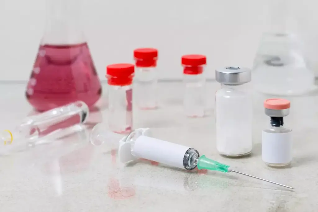 A clinical still life showcasing a selection of chemotherapy drugs used to treat ovarian cancer. In the foreground, glass vials filled with various colorful liquids and powders are arranged neatly on a steel medical tray, casting soft shadows. In the middle ground, a shallow depth of field highlights the intricate details of the medications' labels and markings. The background is dimly lit, giving the scene a somber, yet determined mood, as if these potent drugs are the weapons in the fight against a formidable foe. Captured with a macro lens and controlled studio lighting to emphasize the technical precision and gravity of these life-saving treatments.