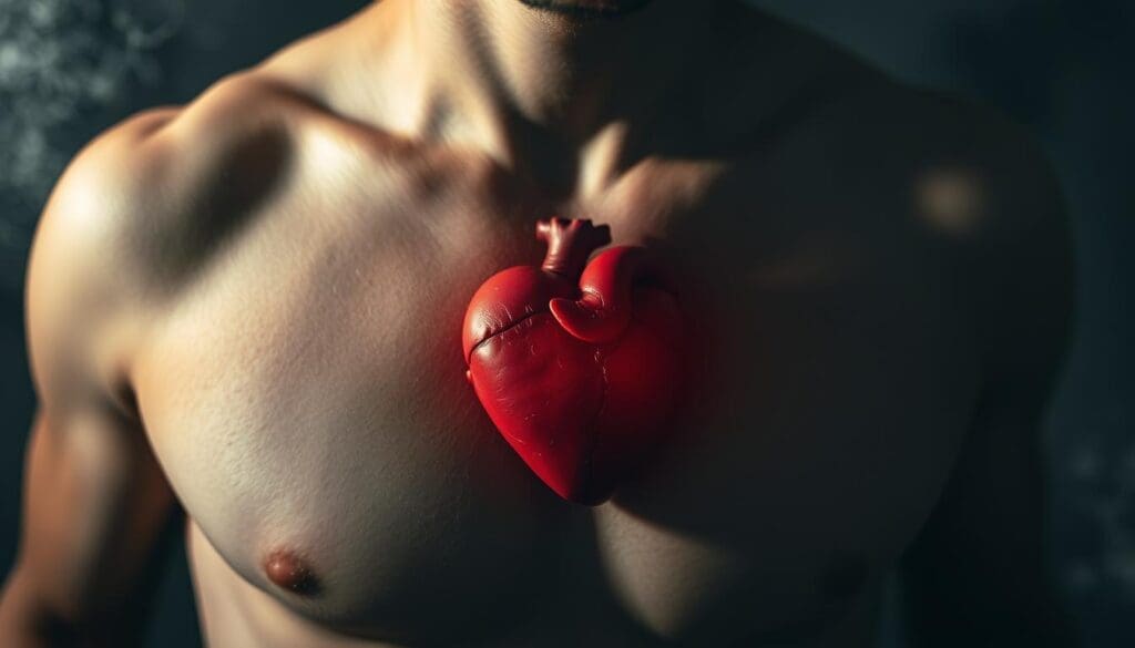 A close-up of a person's chest, their heart visibly pulsing rapidly against the skin, surrounded by an aura of anxiety and tension. The background is hazy and out of focus, creating a sense of unease and heightened internal experience. The lighting is dramatic, casting sharp shadows and highlights to accentuate the physiological response. The composition is tightly framed, drawing the viewer's attention to the accelerated heartbeat as the central subject. The overall tone is one of heightened emotional intensity, reflecting the science behind the physical manifestations of anxiety.