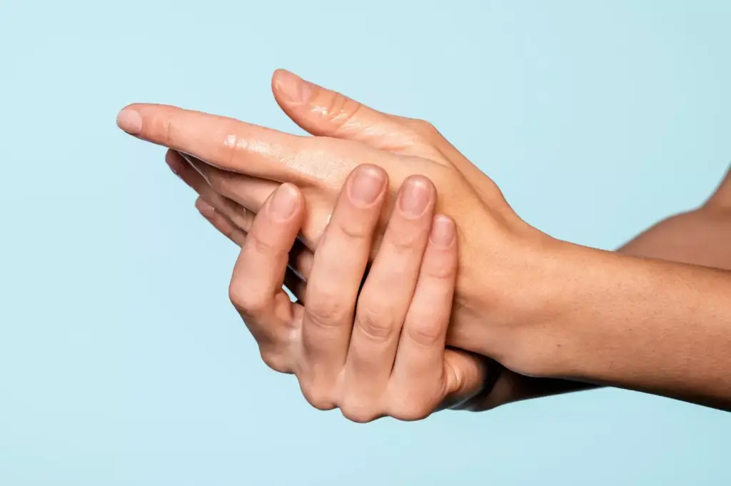 A close-up view of a human hand displaying symptoms of carpal tunnel syndrome. The hand is positioned on a plain, neutral-colored background, with the wrist and palm prominently featured. The fingers are slightly bent, and the palm shows visible signs of swelling and inflammation. The image is lit from the side, creating subtle shadows that accentuate the contours of the hand. The lighting is soft and diffused, creating a calm, clinical atmosphere. The focus is sharp, allowing for clear visualization of the affected area, while the background remains slightly blurred to draw the viewer's attention to the hand. The overall tone is informative and educational, suitable for illustrating the section on &amp;amp;quot;What Is Carpal Tunnel Syndrome and When Surgery Becomes Necessary&amp;amp;quot;.
