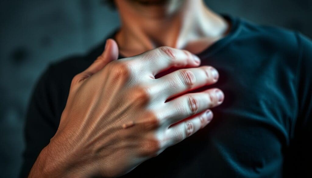 A close-up view of a human hand gripping their chest, with a heart pulsing rapidly and visibly beneath the skin. The background is blurred, conveying a sense of anxious focus. Dramatic lighting casts shadows, heightening the sense of tension and distress. The image is captured with a shallow depth of field, placing the heart in sharp focus. The overall mood is one of unease and visceral, physical discomfort associated with an elevated heart rate due to anxiety.