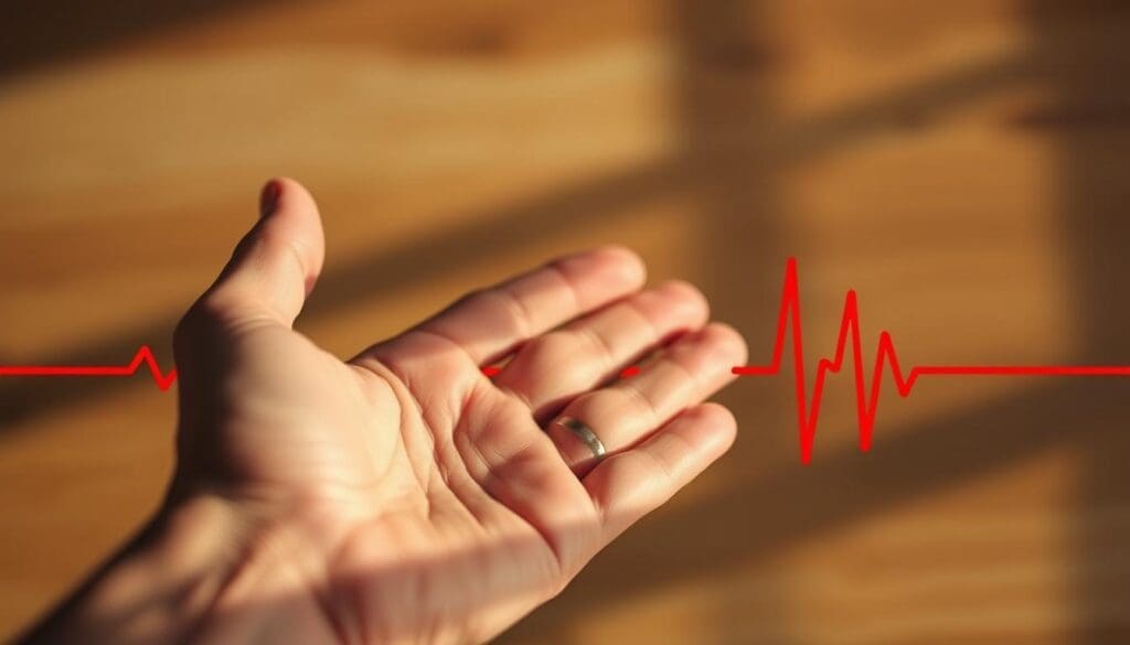 A close-up view of a human hand resting on a pulsing heartbeat graphic against a blurred background. The heartbeat is represented as a pulsating red line, with the rhythm visually accelerating to convey a sense of anxiety. The hand is in a neutral, open palm position, suggesting a calming, introspective tone. Soft, warm lighting casts subtle shadows, creating a contemplative atmosphere. The overall composition emphasizes the connection between the physical experience of a rapid heartbeat and the emotional state of anxiety.