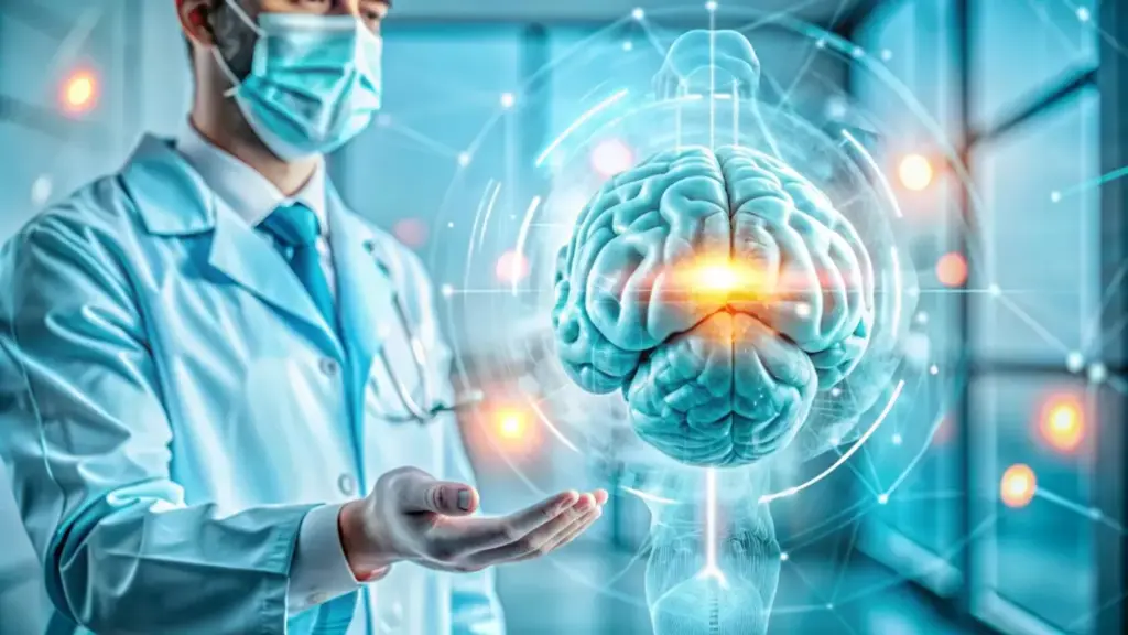 A close-up view of a human head, with a detailed rendering of the brain and surrounding structures. The focus is on the region of the brain where a tumor is present, showcasing the distinctive pattern of inflammation and abnormal blood vessels associated with a brain tumor headache. The image should convey a sense of tension and discomfort, with the headache being the central feature. The lighting should be natural, with subtle shadows and highlights that accentuate the anatomical details. The overall mood should be serious and informative, conveying the gravity of the medical condition.