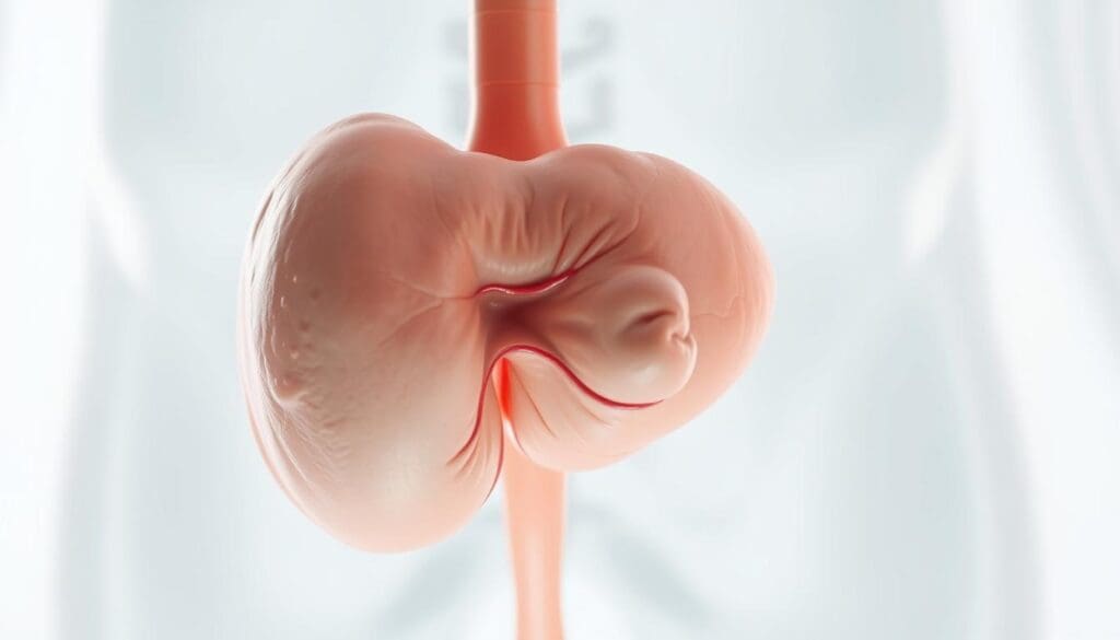 A close-up view of a human prostate gland, enlarged and showing the characteristic features of benign prostatic hyperplasia (BPH). The prostate is displayed against a clean, clinical background, with subtle lighting from the side to accentuate the details. The image should convey a sense of medical precision and clarity, allowing the viewer to understand the anatomical changes associated with BPH. The composition should be well-balanced, drawing the eye to the key features of the enlarged prostate while maintaining a professional, informative tone.