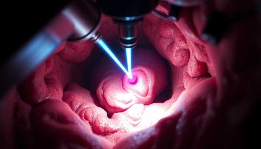 A close-up view of a minimally invasive laser surgical procedure, showcasing the precise vaporization of prostate tissue. The surgical field is illuminated by a powerful laser beam, precisely targeting and ablating the obstructive prostatic tissue. The procedure is performed through a slender endoscopic instrument, allowing for a delicate and controlled removal of the enlarged prostate without the need for open surgery. The scene conveys a sense of medical innovation, with the laser's intense light casting dramatic shadows and highlights on the surrounding anatomy. The overall mood is one of technical precision and therapeutic efficacy, reflecting the revolutionary impact of this advanced treatment for benign prostatic hyperplasia.