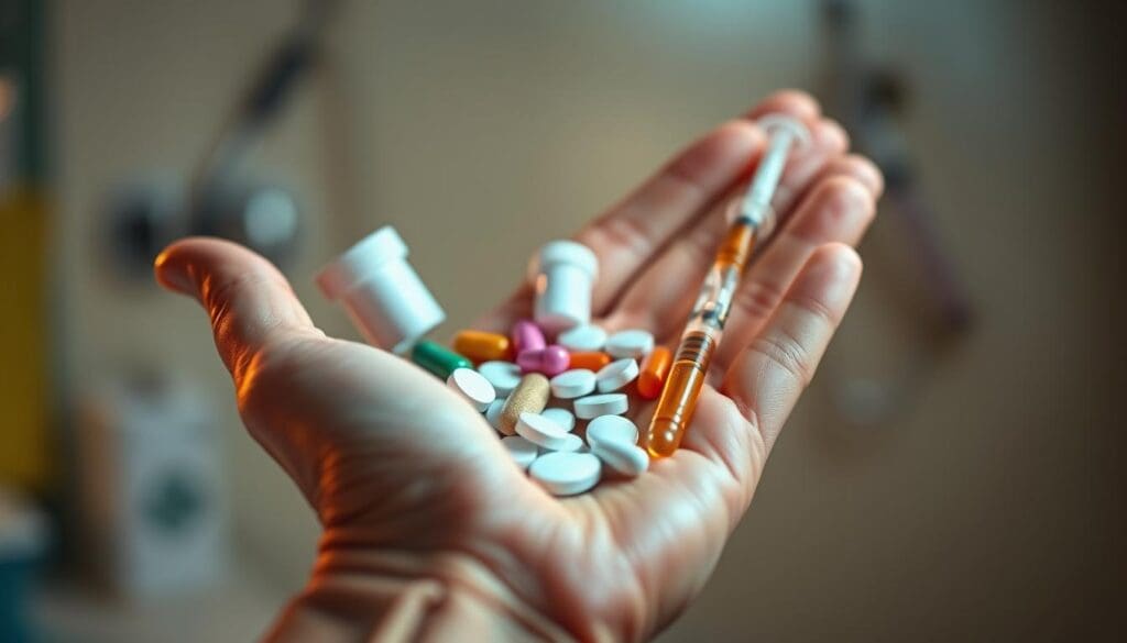 A close-up view of a patient's hand holding various cancer treatment medications, including pills, capsules, and syringes, against a blurred medical background. Soft, warm lighting illuminates the scene, creating a sense of hope and reassurance. The focus is on the medications, emphasizing their role in adjuvant cancer therapy, with the background hinting at the broader healthcare setting. The image conveys a sense of care, treatment, and the patient's active engagement in their recovery process. A close-up view of a patient's hand holding various cancer treatment medications, including pills, capsules, and syringes, against a blurred medical background. Soft, warm lighting illuminates the scene, creating a sense of hope and reassurance. The focus is on the medications, emphasizing their role in adjuvant cancer therapy, with the background hinting at the broader healthcare setting. The image conveys a sense of care, treatment, and the patient's active engagement in their recovery process.