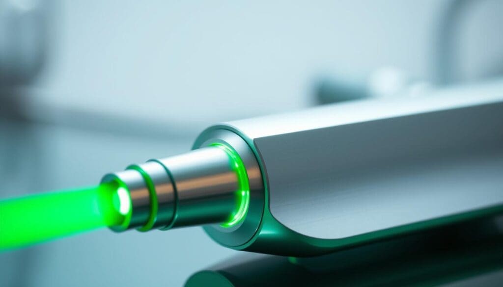 A closeup view of a state-of-the-art GreenLight laser device, its green beam emitting from a precision-engineered handpiece. The laser housing features a metallic finish, with sleek lines and a modern, clinical aesthetic. The beam of light appears to emanate from the device, illuminating the surrounding area with an emerald glow. The scene is captured with shallow depth of field, focusing the viewer's attention on the core technology. Soft, directional lighting casts subtle shadows, heightening the sense of depth and solidity. The overall mood is one of advanced medical technology, scientific prowess, and cutting-edge innovation.