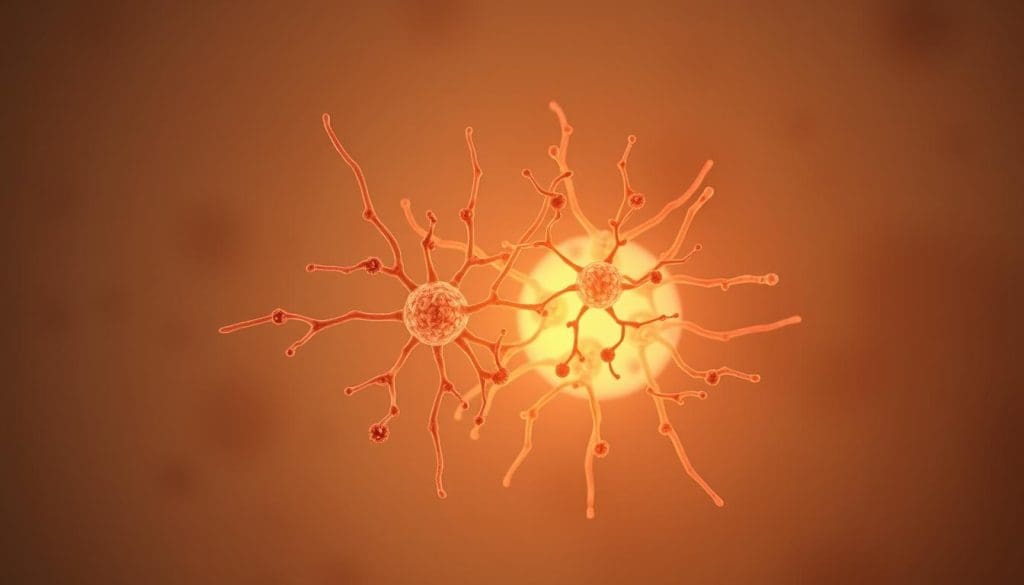 A cross-section of adult stem cells, illuminated by soft, diffuse lighting that accentuates their intricate structure. The cells, with their distinct nuclei and branching cytoplasmic extensions, are depicted against a muted, subtly textured background, conveying a sense of scientific inquiry and clinical precision. The composition emphasizes the cellular details, drawing the viewer's attention to the fundamental nature of these versatile and regenerative cells that are crucial to the human body's resilience and renewal.