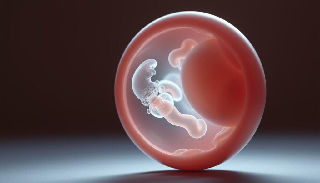 A cross-section of an early human embryo during the blastocyst stage, showcasing the inner cell mass and trophoblast layers. The image is rendered in a realistic, scientific style with a shallow depth of field, emphasizing the delicate cellular structures. Soft, diffused lighting from the side illuminates the transparent, gently curved embryonic forms, creating a serene, contemplative mood. The background is a muted, neutral tone, allowing the embryo to be the focal point. The overall composition conveys the wonder and complexity of the earliest stages of human development.