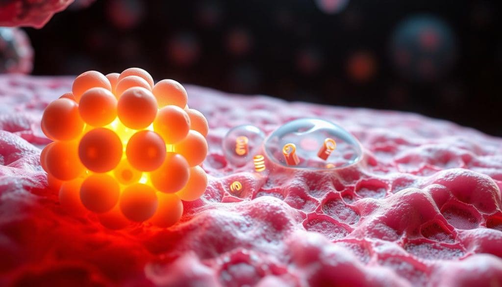 A cross-section of somatic stem cells, depicted with scientific accuracy and visual clarity. The foreground showcases a cluster of undifferentiated stem cells, their nuclei distinct and their cytoplasm glowing with vibrancy. In the middle ground, several of these cells are shown in the process of division, their spindle fibers and chromosomes visible. The background depicts a matrix of extracellular components, including collagen fibrils and signaling molecules, creating a supportive microenvironment for the stem cells. Soft, directional lighting illuminates the scene, emphasizing the cellular details and creating a sense of depth and three-dimensionality. The overall composition conveys the dynamic nature and essential role of somatic stem cells in maintaining tissue homeostasis and facilitating repair.