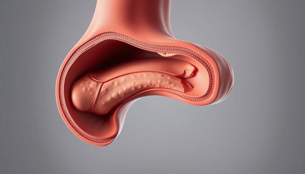 A cross-sectional view of a human aorta, showcasing mild atherosclerotic plaque buildup. The aorta is depicted in realistic medical illustration style, with a focus on the intima, media, and adventitia layers. The image should convey a sense of clinical precision, highlighting the subtle thickening and hardening of the vessel walls. Utilize a neutral color palette, with muted tones and subtle shading to emphasize the pathological changes. The lighting should be soft and diffused, creating a sense of clinical detachment. Angle the view to provide a clear, unobstructed visualization of the affected aortic segment. Maintain a level of technical accuracy to align with the informative nature of the article.