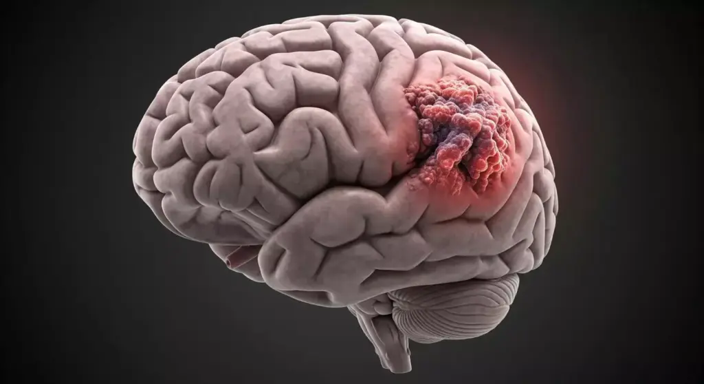A cross-sectional view of the human brain, with a focus on the formation of a brain tumor. The tumor is depicted as a distinct, irregularly shaped mass, surrounded by healthy brain tissue. The scene is illuminated by a soft, diffused light, casting subtle shadows that accentuate the three-dimensional nature of the anatomy. The tumor is rendered with a mix of muted colors, ranging from pale yellows to deeper shades of red and purple, conveying a sense of the abnormal growth and its potential impact on the surrounding brain structures. The background is slightly out of focus, keeping the attention on the tumor itself and its intricate details.
