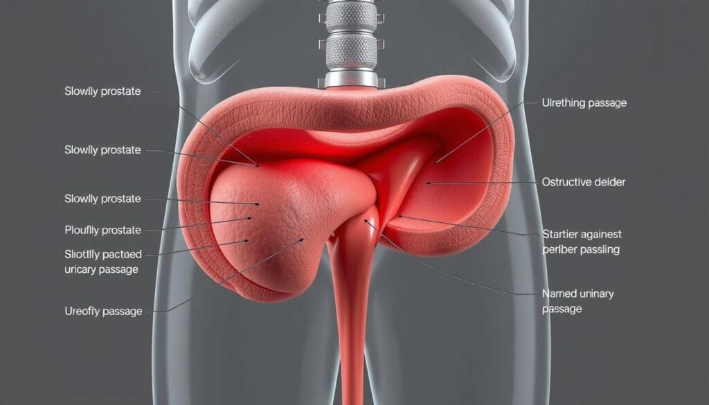 A detailed 3D diagram showcasing the anatomy of an enlarged prostate gland, highlighting the key symptoms of Benign Prostatic Hyperplasia (BPH). The cross-sectional view displays the swollen, obstructive prostate pressing against the urethra, causing a narrowed urinary passage. Realistic textures and lighting accurately depict the medical subject, with a sober, informative tone. The image uses a neutral color palette, prioritizing clarity and clinical precision over stylization. Precise technical details are visible, providing a comprehensive visual aid to understand the underlying causes of common BPH symptoms.