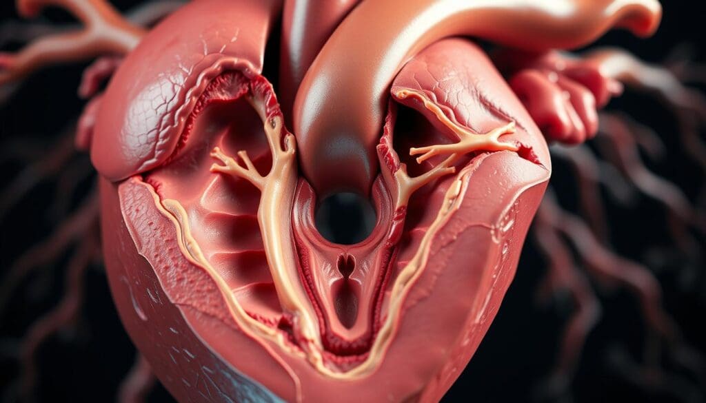 A detailed, anatomical cross-section of the aortic root, showcasing its intricate structures in a highly realistic and scientifically accurate manner. The foreground should prominently feature the aortic valve, cusps, and annulus, with the surrounding aortic wall, sinuses of Valsalva, and coronary artery ostia clearly visible. The middle ground should include the ascending aorta and its relationship to the root, while the background should provide context with the surrounding cardiac anatomy, such as the left ventricular outflow tract. Lighting should be soft and directional, emphasizing the three-dimensional nature of the structures. The overall mood should be one of scientific curiosity and educational clarity, allowing the viewer to fully understand the intricate anatomy of the aortic root.