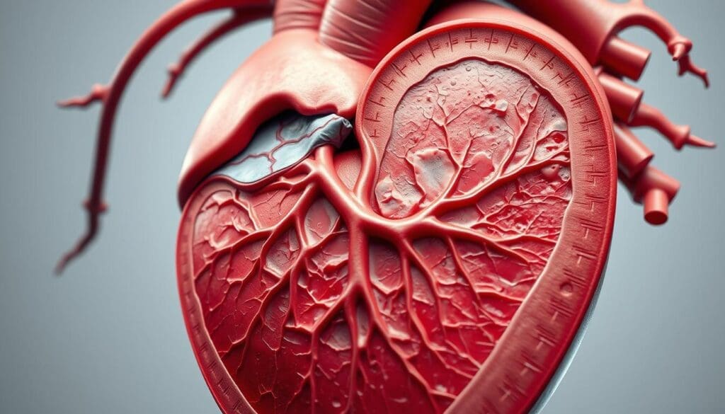 A detailed anatomical cross-section of the human heart, showcasing the inner structure and pathological changes associated with ischemic heart disease. The image should be rendered in a realistic, scientific style with a neutral color palette and soft, even lighting to emphasize the medical subject matter. Depict the myocardium, coronary arteries, and other key anatomical features in clear detail, highlighting the narrowed or blocked vessels that restrict blood flow and lead to tissue damage. The overall composition should convey a sense of clinical precision and educational purpose, allowing viewers to clearly understand the underlying physiological mechanisms of this cardiovascular condition.