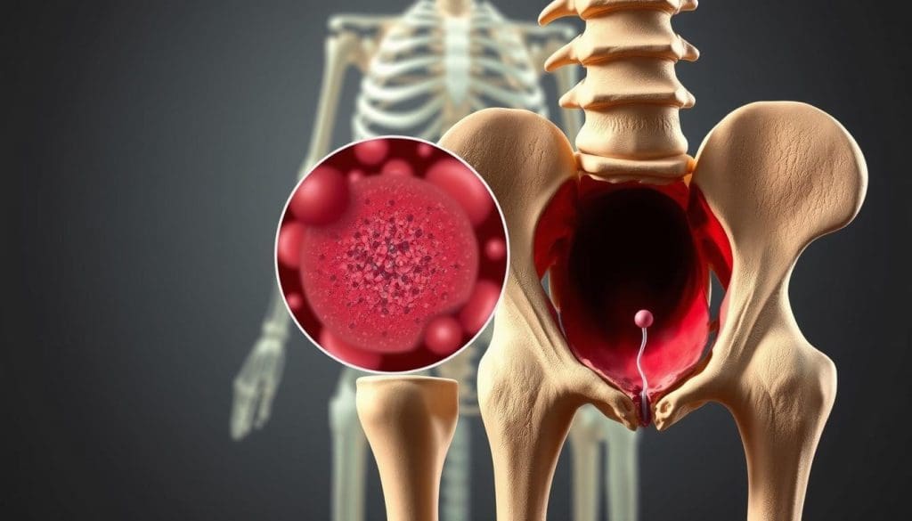 A detailed anatomical illustration depicting the purpose and significance of a bone marrow biopsy. In the foreground, a cross-section of the iliac crest bone reveals the inner marrow cavity, highlighting the target area for the biopsy procedure. The middle ground showcases a magnified view of the marrow, showcasing its essential hematopoietic function, producing blood cells. In the background, a muted silhouette of the human skeletal structure provides context. The lighting is soft and diffused, emphasizing the clinical and informative nature of the image. The overall composition conveys the medical importance of this diagnostic procedure in understanding and treating various blood and bone disorders.