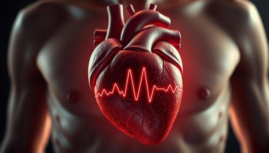 A detailed anatomical illustration of a human heart with an elevated heart rate, conveying the physiological effects of anxiety. The heart is depicted in the foreground, rendered in realistic detail with a strong focus on the pulsing ventricles and racing blood flow. The middle ground features a subtly blurred backdrop of a human torso, suggesting the connection between the mind and body. The lighting is dramatic, with a warm glow highlighting the heart's structure and emphasizing the sense of internal agitation. The overall composition and mood evoke a clinical yet emotive visualization of the anxiety-induced cardiovascular response.
