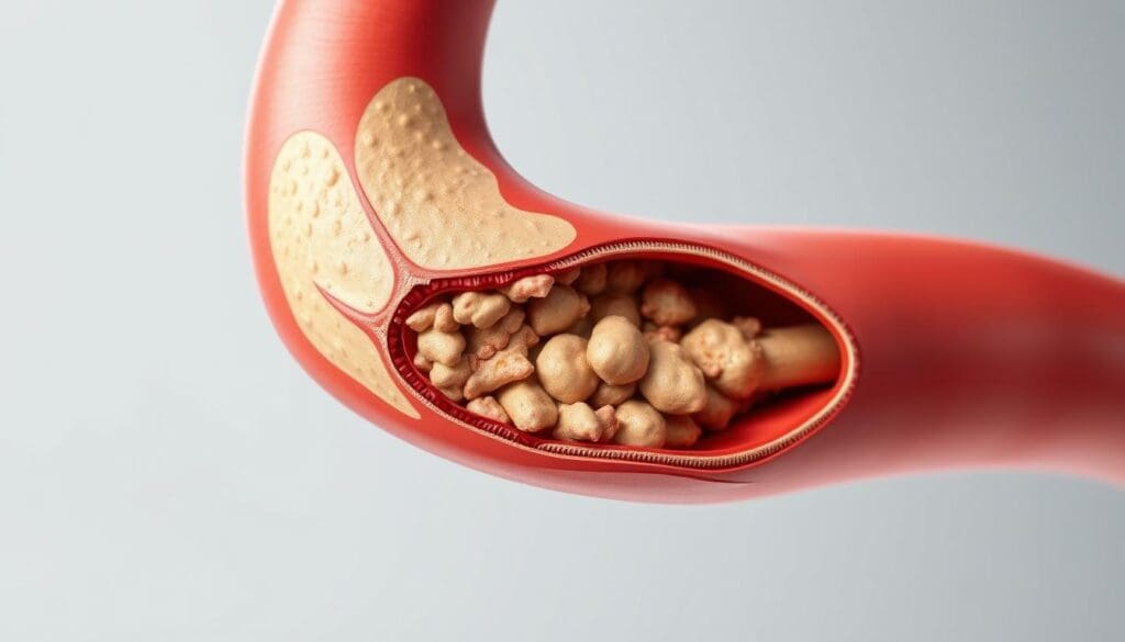 A detailed anatomical illustration of advanced aortic atherosclerotic disease. The aorta, the body's main artery, is shown in cross-section, with prominent plaque buildup and narrowing of the lumen. The plaque is composed of cholesterol, fatty deposits, and inflammatory cells, reducing blood flow and oxygen supply. The image has a clinical, informative tone, with a neutral color palette and high level of detail to accurately depict the pathological changes. Soft, even lighting highlights the intricate structure, while a shallow depth of field focuses attention on the diseased vessel. This photorealistic medical illustration effectively conveys the key features of aortic atherosclerosis for educational purposes.