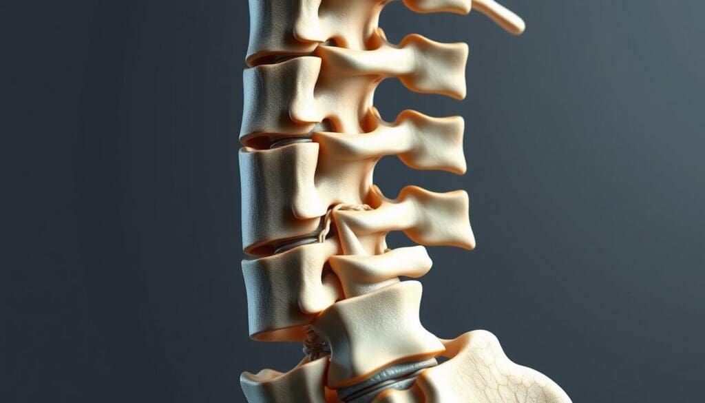 A detailed anatomical illustration of the lumbar spine, captured with photorealistic precision. The foreground showcases the intricate vertebral structure, intervertebral discs, and the surrounding ligaments, rendered in a clean, high-contrast style that highlights the key components. The middle ground reveals the spinal cord and nerve roots, delicately woven through the vertebral canal, while the background subtly suggests the surrounding musculature and connective tissues. Soft, directional lighting casts subtle shadows, lending depth and dimensionality to the scene. The overall composition emphasizes the technical accuracy and visual clarity required to convey the complex anatomy of the lumbar region.