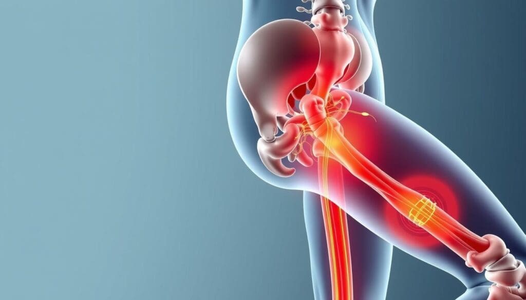 A detailed anatomical illustration showcasing the classic symptoms of sciatica, a condition characterized by radiating pain, numbness, and tingling sensations along the sciatic nerve pathway down the left leg. The image should depict the lower back, hip, and leg region, highlighting the affected nerves and muscles in a highly realistic, medical-grade style. Employ a neutral, clinical color palette with a sharp focus and crisp lighting to convey the seriousness and importance of this condition. The overall mood should be informative and educational, suitable for use in a health-related article.