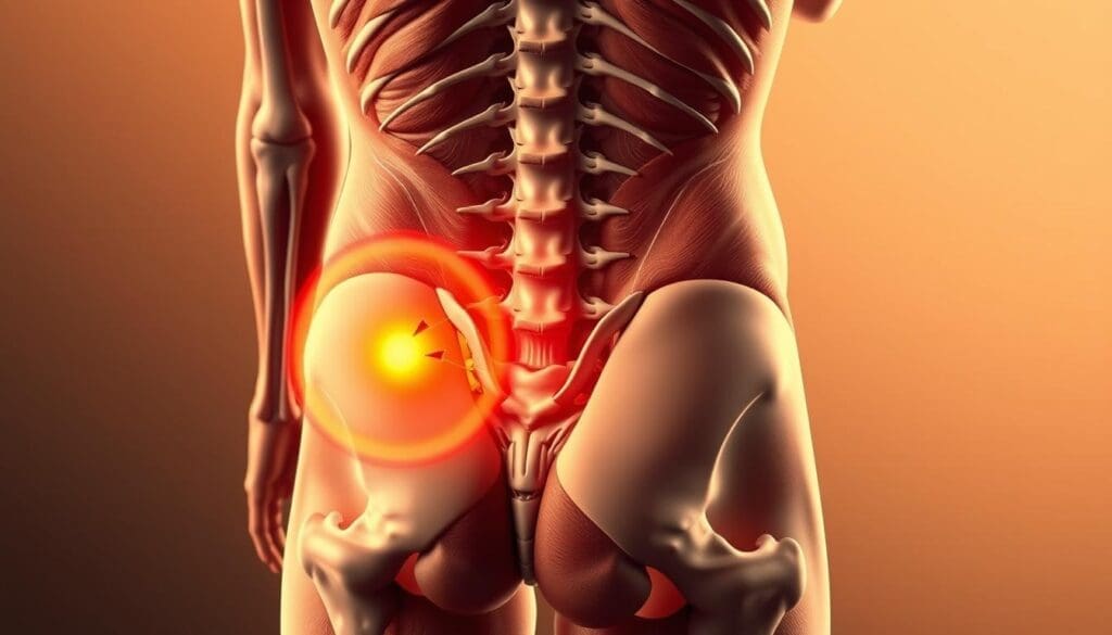 A detailed anatomical illustration showcasing the lower back region, with prominent emphasis on the area radiating pain down the legs. Depicted in a realistic, medically-accurate style, the image should highlight the key muscle groups, vertebrae, and nerve pathways involved in lower back pain with aching legs. Use warm, muted lighting to create a clinical, educational atmosphere. Capture the image from a slightly elevated, angled perspective to provide clear visibility of the relevant anatomical structures. Ensure the level of detail allows viewers to clearly recognize and understand the physiological symptoms being portrayed.