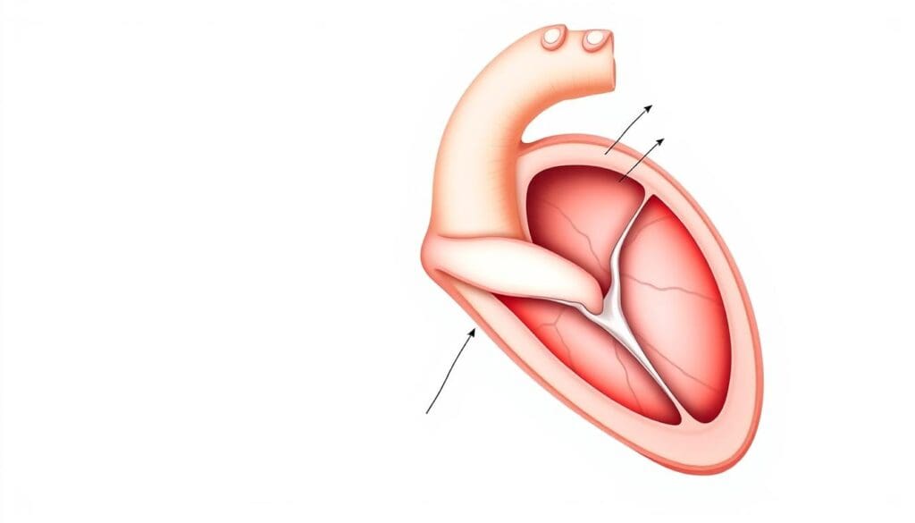 A detailed, anatomically accurate diagram of a bicuspid aortic valve, displayed in a clear, technical style. The valve is shown in a cross-sectional view, with the two leaflets or cusps prominently featured. The image should convey the structural abnormality of the valve, which is a common cause of severe aortic stenosis. The background is a neutral, light-colored medical illustration style, allowing the valve itself to be the central focus. The lighting is soft and even, highlighting the intricate details of the valve's morphology. The overall tone is educational and informative, suitable for inclusion in a medical article.