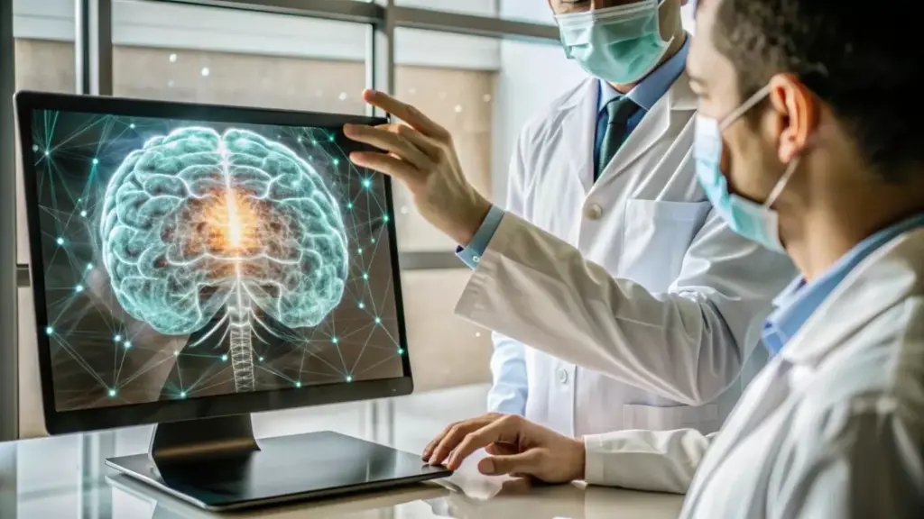 A detailed, anatomically accurate rendering of a human brain, with a prominent tumor visibly affecting the speech and memory centers. The tumor should be depicted in a realistic manner, with clear impact on the surrounding brain tissue. Depict the brain against a neutral, muted background, with subtle lighting from above to showcase the three-dimensional structure. The overall mood should be one of clinical objectivity, conveying the medical nature of the subject matter. Aim for a level of visual detail that would be suitable for an educational or informational context.