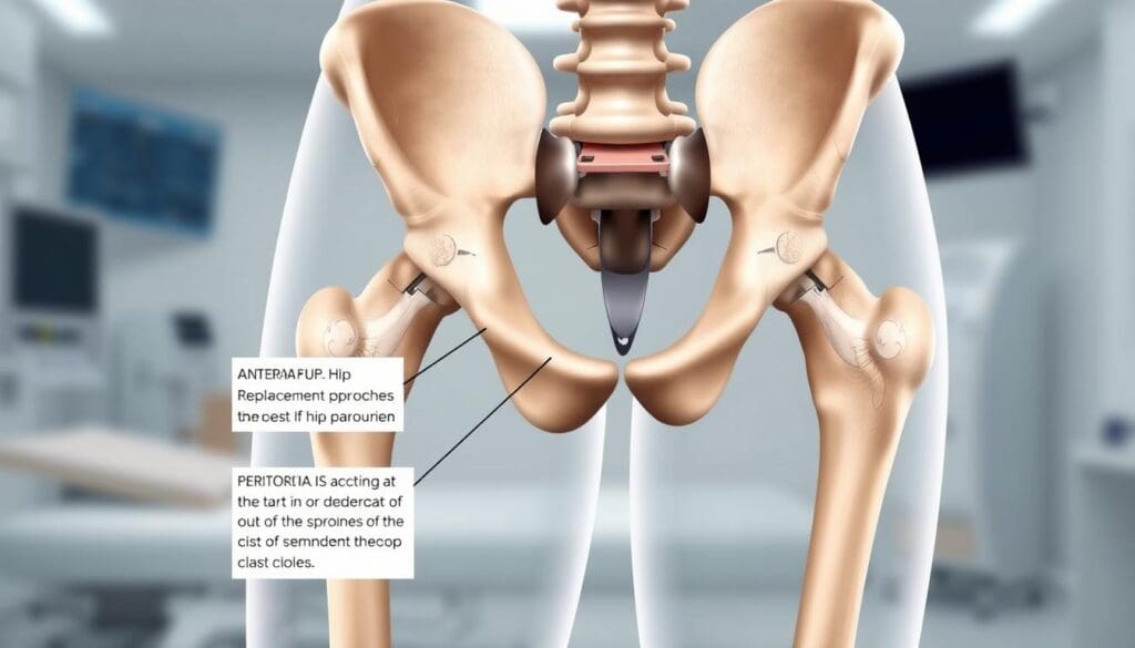 A detailed anatomy of the hip joint, showcasing the various components and options for hip replacement surgery. A clean, well-lit medical illustration, using a neutral color palette and subtle textures to convey a sense of authority and professionalism. The focal point is a labeled diagram of the hip joint, with the anterior and posterior approaches highlighted and explained. The background features a soft, blurred medical environment, providing context without distracting from the main subject. The overall mood is one of informative clarity, guiding the viewer through the key considerations for the best type of hip replacement procedure.