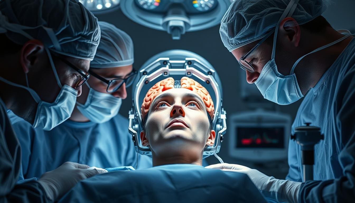 A detailed and meticulously lit surgical scene, depicting an awake patient undergoing a delicate brain operation. The operating room is bathed in a cool, clinical light, highlighting the focused expressions of the neurosurgical team as they carefully examine the exposed brain tissue. The patient, eyes open and alert, maintains a calm, resolute demeanor, their head stabilized in a specialized frame. Intricate medical instruments and monitoring devices surround the operating table, conveying the precise, high-stakes nature of the procedure. The atmosphere is one of intense concentration and unwavering professionalism, reflecting the historical significance and technical advancements of this groundbreaking surgical approach.