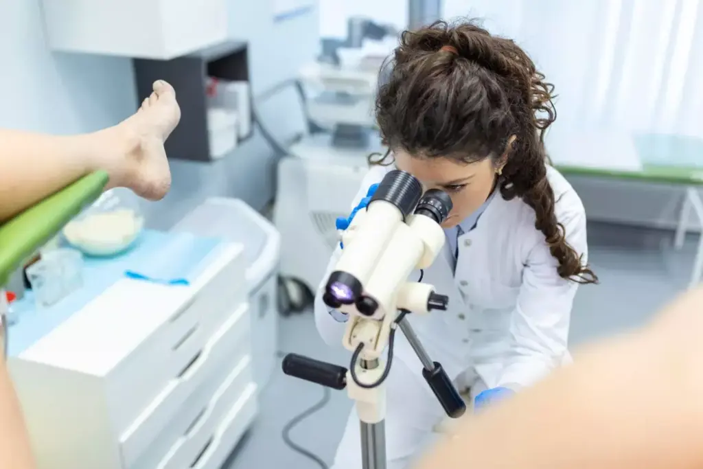A detailed, clinical examination table in a well-lit medical setting. On the table, a woman lying back, her legs gently spread, as a healthcare provider carefully examines her cervix using a colposcope - a specialized microscope that magnifies and illuminates the area. The procedure is performed with a calm, professional demeanor, conveying the importance of this diagnostic step in identifying any potential gynecological conditions. The room is sterile, the lighting is bright yet soothing, and the atmosphere is one of compassionate, high-quality medical care.