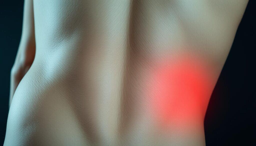 A detailed close-up photograph of a person's lower back, showcasing the symptoms of a pinched nerve. The image should highlight the affected area, with a clear focus on the region where the pinching sensation is experienced. Depict the skin with a natural, slightly reddened tone, potentially showcasing slight swelling or inflammation. The lighting should be soft and diffused, creating gentle shadows that accentuate the contours of the back. The angle should be from a slightly elevated perspective, providing a comprehensive view of the problem area. The overall mood should be one of clinical examination, with a sense of discomfort and the need for medical attention.