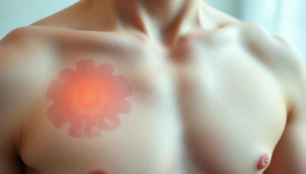 A detailed close-up view of a person's chest, showing the characteristic symptoms of anxiety-induced chest pain. The subject's skin is flushed and slightly furrowed, with visible tension and tightness in the muscles. The left side of the chest is the focal point, with a subtle pulsing sensation and a radiating ache that extends towards the shoulder and arm. The lighting is soft and diffused, creating a calming yet slightly unsettling atmosphere. The image is captured at a medium angle, emphasizing the personal and intimate nature of the experience.