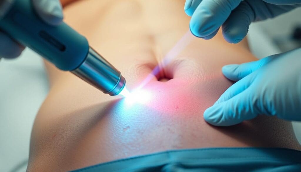 A detailed close-up view of a urological laser device being used to perform laser therapy on a patient's prostate gland. The laser emits a concentrated beam of light that precisely targets and removes the enlarged prostate tissue, relieving symptoms of prostate cancer. The scene is lit with soft, directional lighting to highlight the medical equipment and the patient's lower abdomen area. The camera angle is low and slightly tilted to convey the technical nature of the procedure. The overall mood is clinical yet reassuring, as the laser therapy offers a minimally invasive treatment option for prostate cancer.