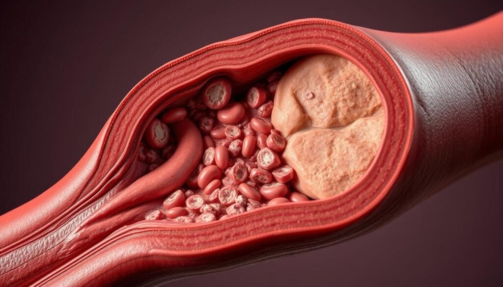 A detailed cross-section of a human coronary artery, magnified to reveal the progression of atherosclerosis. The arterial wall is thickened and rigid, with a buildup of plaque deposits narrowing the lumen. Smooth muscle cells and inflammatory cells are visible, along with cholesterol deposits and calcification. The scene is depicted in a realistic, scientific style with muted tones, crisp focus, and subtle dramatic lighting to highlight the pathological changes. The image conveys the complex pathophysiology of ischemic heart disease in a clear, illustrative manner.