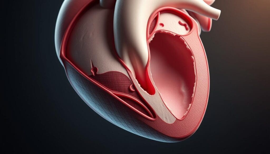 A detailed cross-section of a human heart valve, showcasing the anatomical features of stenosis. The aortic valve is narrowed and calcified, restricting blood flow. Rendered in a realistic medical illustration style, with precise anatomical accuracy. Soft, muted lighting illuminates the intricate valve structure, creating depth and volume. Rendered from an angle that allows clear visualization of the stenotic valve, highlighting the pathological changes. The background is a neutral, clean medical environment, allowing the focus to remain on the valve anatomy.
