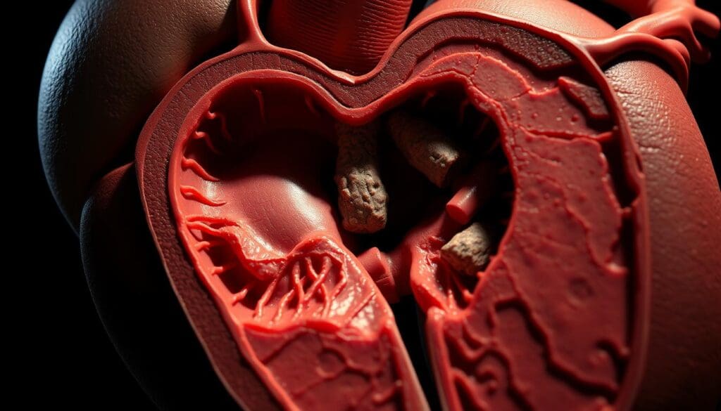 A detailed cross-section of a narrowed cardiac valve, rendered with photorealistic precision. The valve appears thickened and calcified, partially obstructing the blood flow. A dramatic lighting setup casts long shadows, emphasizing the anatomical complexity. The surrounding myocardium is visible, with delicate trabeculae and chordae tendineae. The composition highlights the valve's central role in regulating cardiac function, while the clinical, scientific aesthetic conveys the seriousness of the condition. Crisp focus, muted color palette, and a sense of technical illustration combine to create a compelling, informative visual aid.
