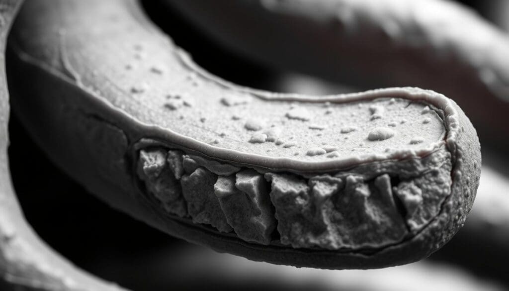 A detailed cross-section of atherosclerotic plaque buildup within the coronary arteries. The plaque is characterized by a thickened, hardened arterial wall with a fatty, calcified core. Arteries are shown in a realistic, anatomical style with a muted, monochrome color palette that emphasizes the pathological changes. The image has a clinical, scientific tone, captured under bright, directional lighting from an angle that clearly exposes the internal structure of the affected vessel. The focus is sharp, and the depth of field isolates the relevant anatomical features against a subtly blurred background.