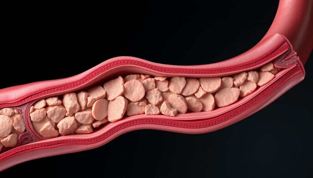 A detailed cross-section of the aorta, revealing the progressive buildup of fatty plaque within the arterial walls. The image should capture the silent, insidious nature of this condition, showcasing the gradual thickening and hardening of the aortic walls due to atherosclerosis. Employ a clinical, anatomical style with muted colors and soft lighting to convey the subtle, asymptomatic nature of this cardiovascular disease. Ensure the focus is on the aortic structure, with a clear view of the atherosclerotic lesions encroaching on the vessel lumen. The overall mood should be one of clinical precision, highlighting the importance of early detection for this potentially life-threatening condition.
