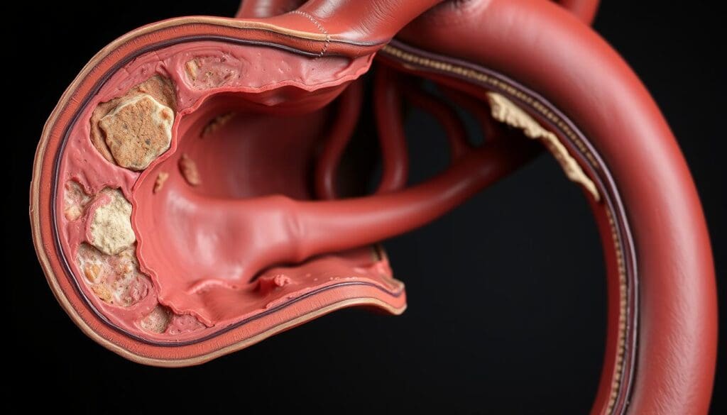 A detailed cross-section of the aortic arch, showcasing the progression of atherosclerosis. In the foreground, the aortic wall is thickened and distorted, with visible plaque buildup and calcification. The middle ground depicts the narrowing of the aortic lumen, restricting blood flow. In the background, the surrounding tissues and organs are rendered in muted tones, emphasizing the focal point of the diseased aorta. Crisp, high-resolution photography with even, natural lighting captures the intricate anatomical details. The overall tone is somber and educational, conveying the seriousness of aortic atherosclerosis and its potential complications.