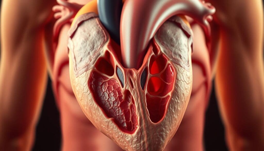 A detailed cross-section of the human aortic root, showcasing its intricate anatomy and the common conditions that may require surgical repair. The scene features a photorealistic rendering, captured with a high-resolution medical camera, under warm, evenly diffused lighting that accentuates the structures. In the foreground, the three aortic valve leaflets are prominently displayed, with any abnormalities such as stenosis or regurgitation clearly visible. The middle ground highlights the aortic annulus, sinuses of Valsalva, and the ascending aorta, allowing examination of potential dilatation or aneurysmal changes. The background subtly fades, maintaining focus on the key anatomical details essential for understanding common aortic root conditions.