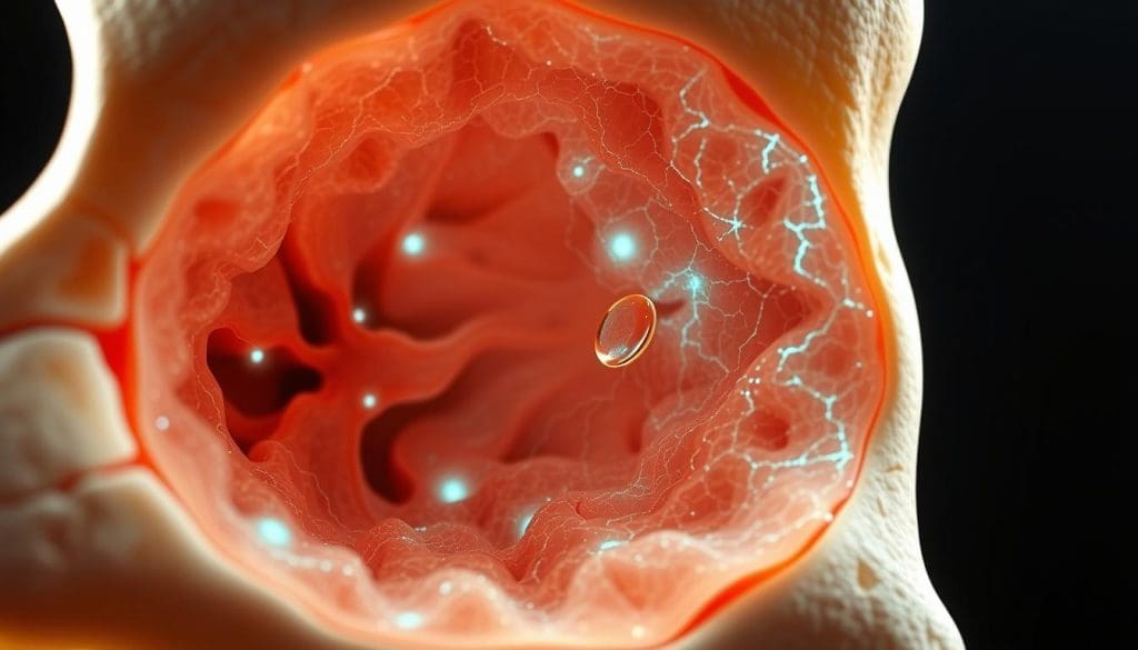 A detailed cross-section of the inner structure of a human bone, revealing the intricate network of bone marrow. The marrow glows with an ethereal, luminescent quality, highlighting its vital role in blood cell production. Delicate blood vessels and trabecular bone tissue are visible, creating a captivating anatomical landscape. The image is rendered with a scientific precision, capturing the complexity and importance of this essential biological function in a visually striking manner. Soft, indirect lighting casts subtle shadows, enhancing the depth and dimensionality of the scene. The overall mood is one of reverence and wonder, inviting the viewer to appreciate the remarkable intricacies of the human body.