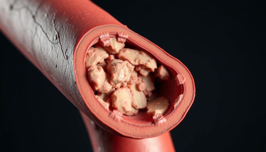 A detailed cross-section view of a human coronary artery, with a focus on the pathological changes associated with coronary artery disease. The artery's inner lumen is narrowed and obstructed by a buildup of plaque, including cholesterol deposits and fibrous tissue. The arterial wall is thickened, with visible inflammation and damage. The image should have a clinical, anatomical aesthetic, with muted colors and a sense of seriousness befitting the medical subject matter. Lighting should be soft and directional, casting subtle shadows to accentuate the 3D structure. The perspective should be slightly elevated, allowing the viewer to clearly see the affected artery section.